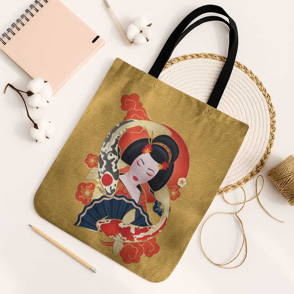 Japanese Geisha Koi Fish Tote Bag Cherry Blossoms Yellow Seigaiha Pattern LT14 Black Strap One Size Yellow - Polynesian Pride