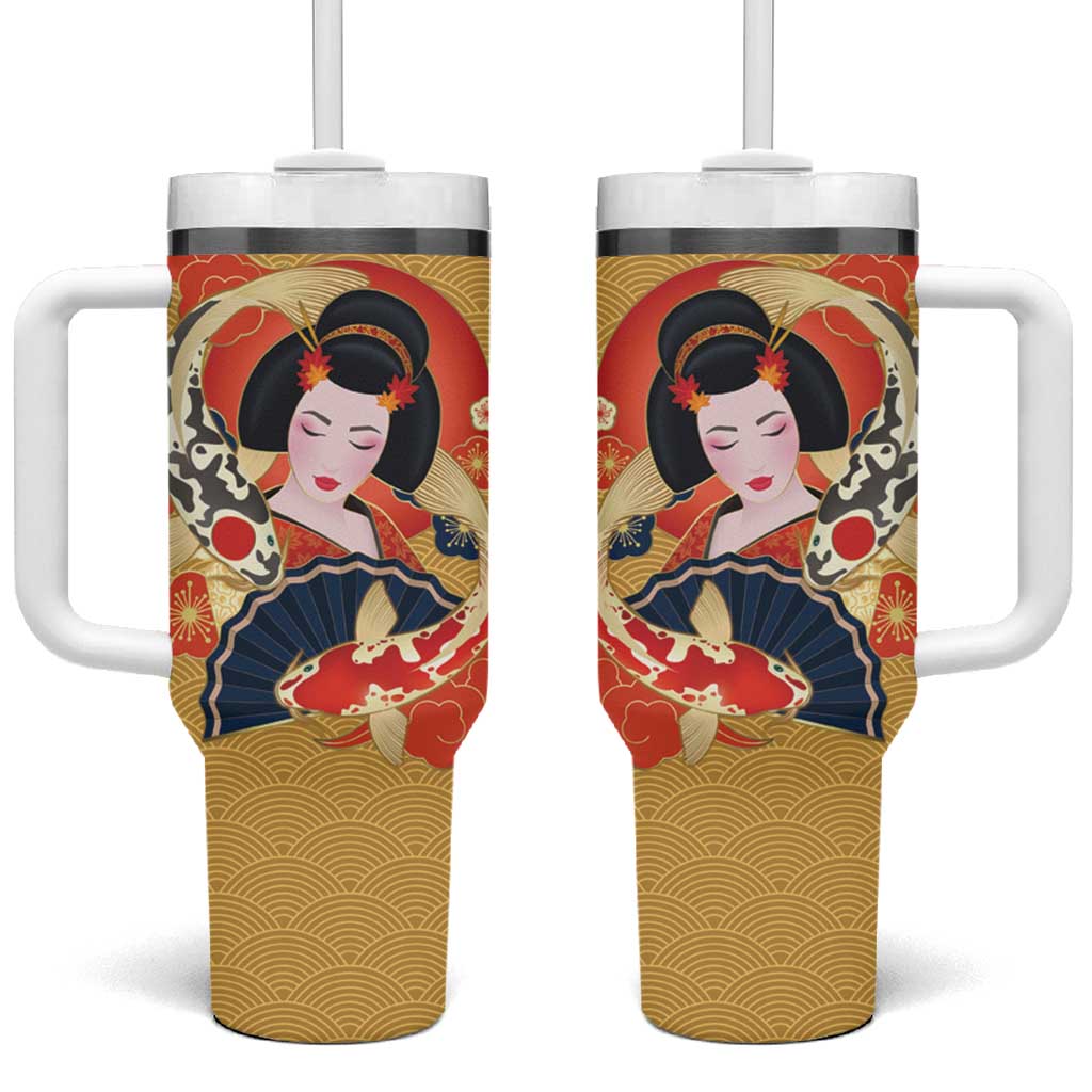 Japanese Geisha Koi Fish Tumbler With Handle Cherry Blossoms Yellow Seigaiha Pattern - Polynesian Pride