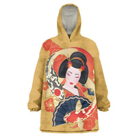Japanese Geisha Koi Fish Wearable Blanket Hoodie Cherry Blossoms Yellow Seigaiha Pattern - Polynesian Pride