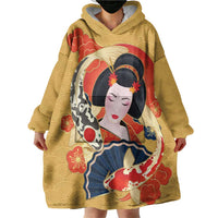 Japanese Geisha Koi Fish Wearable Blanket Hoodie Cherry Blossoms Yellow Seigaiha Pattern - Polynesian Pride