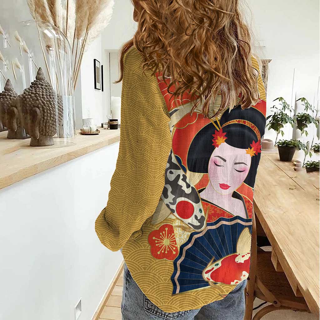 Japanese Geisha Koi Fish Women Casual Shirt Cherry Blossoms Yellow Seigaiha Pattern - Polynesian Pride