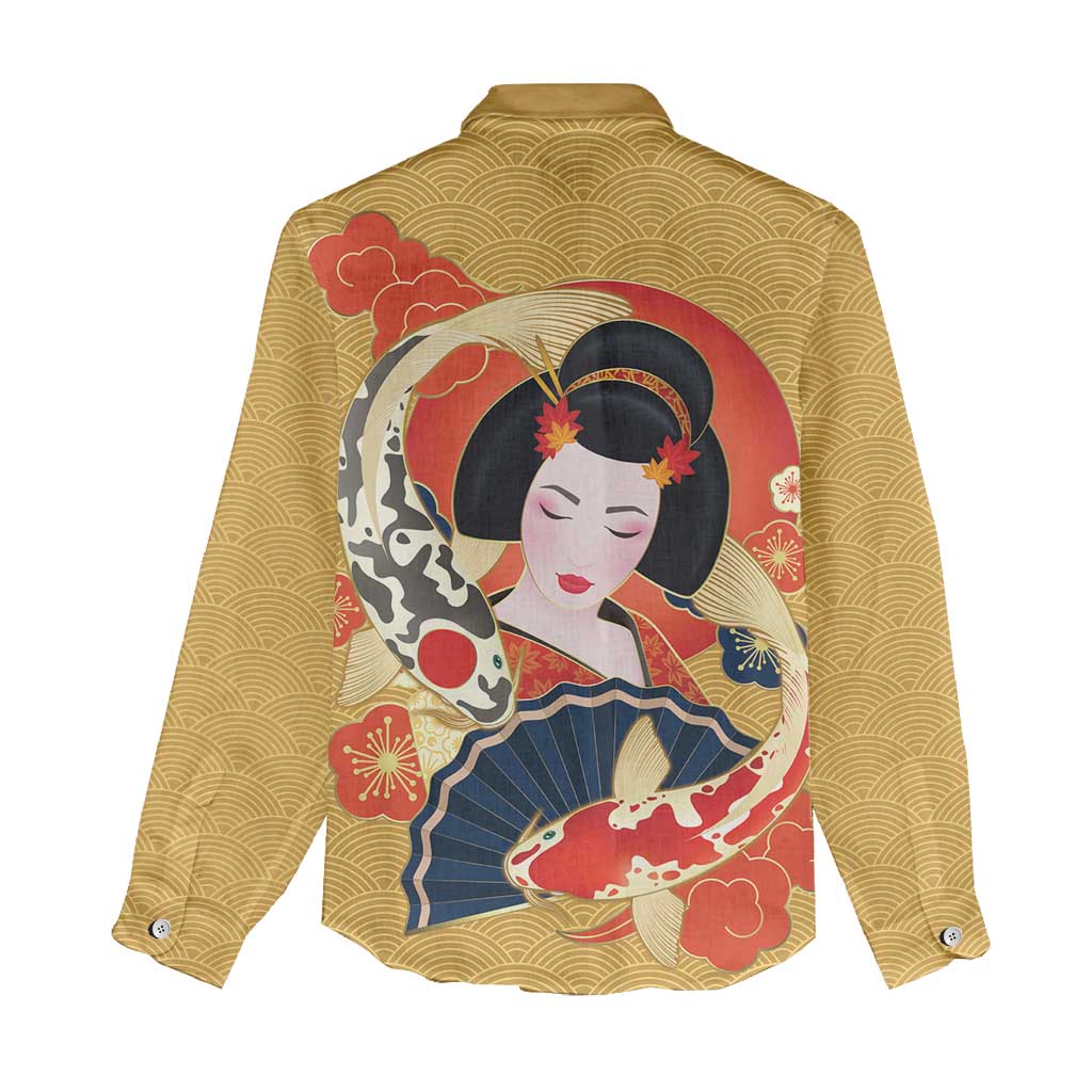 Japanese Geisha Koi Fish Women Casual Shirt Cherry Blossoms Yellow Seigaiha Pattern - Polynesian Pride