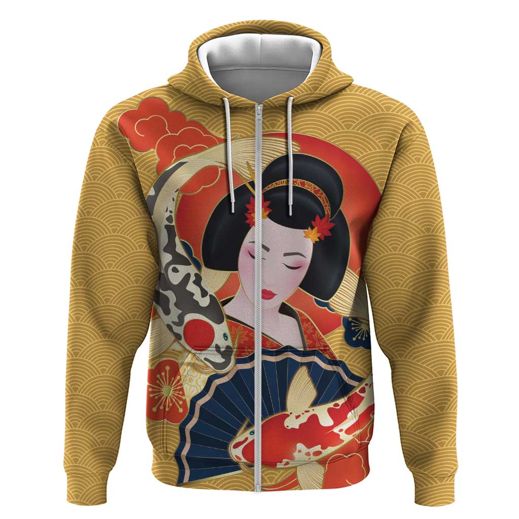 Japanese Geisha Koi Fish Zip Hoodie Cherry Blossoms Yellow Seigaiha Pattern - Polynesian Pride