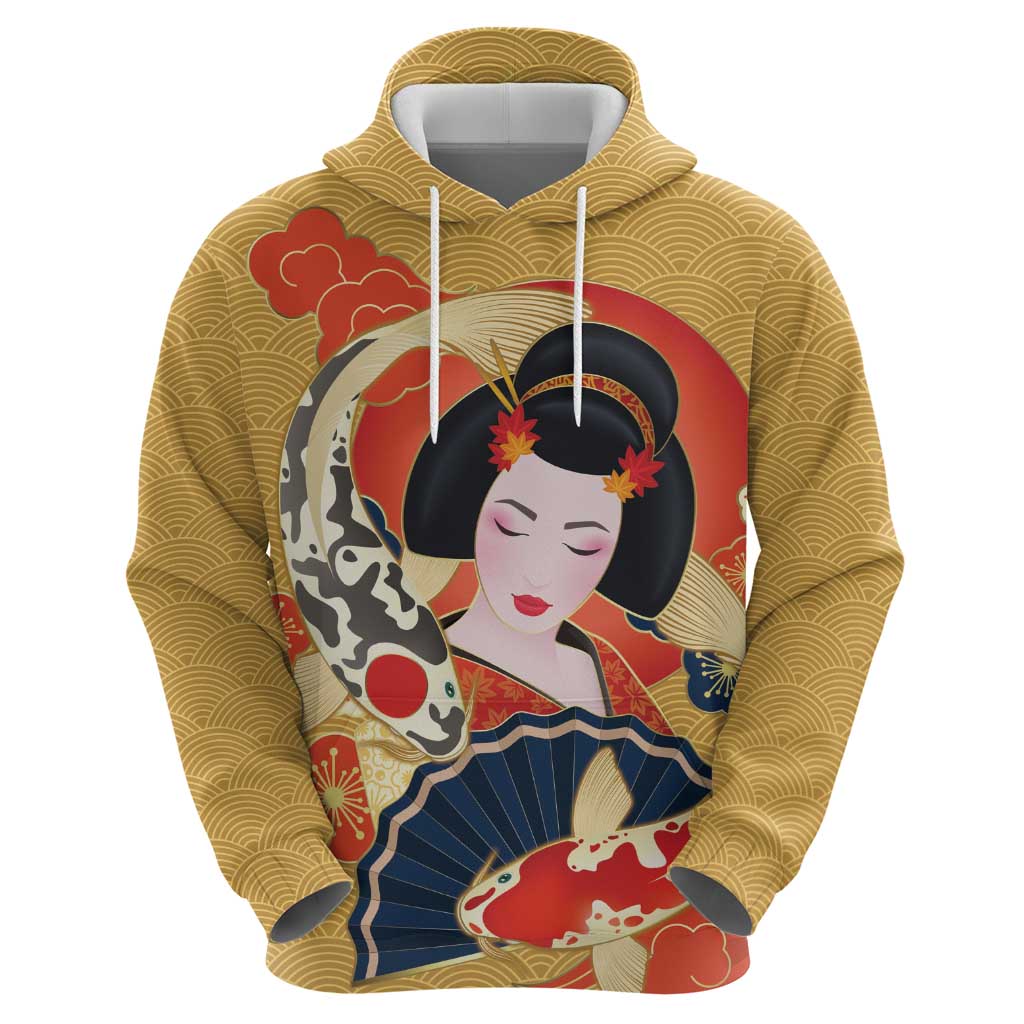 Japanese Geisha Koi Fish Zip Hoodie Cherry Blossoms Yellow Seigaiha Pattern - Polynesian Pride
