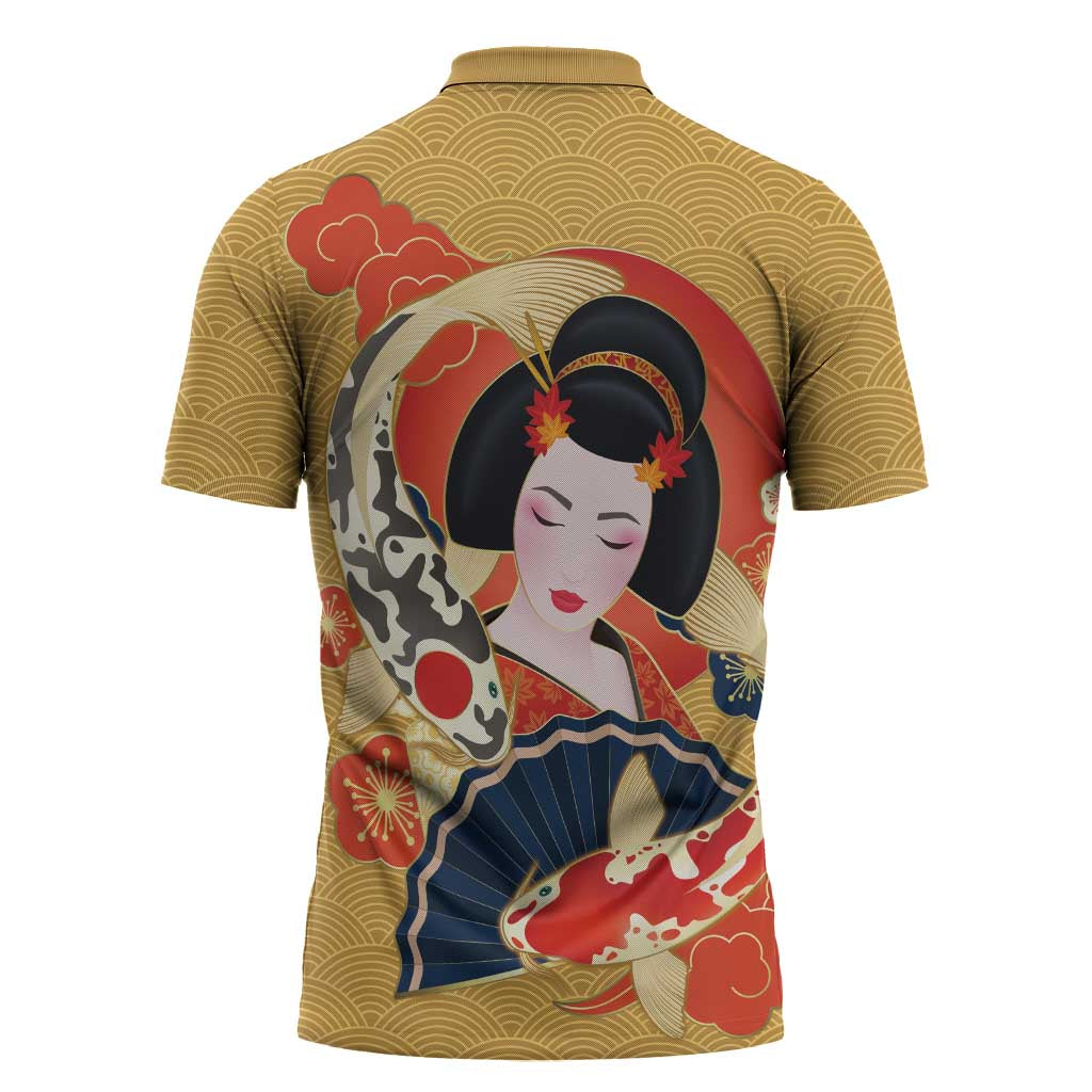 Japanese Geisha Koi Fish Zipper Polo Shirt Cherry Blossoms Yellow Seigaiha Pattern LT14 - Polynesian Pride