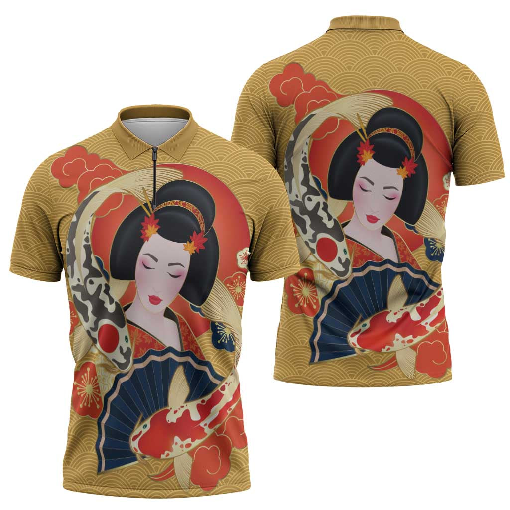 Japanese Geisha Koi Fish Zipper Polo Shirt Cherry Blossoms Yellow Seigaiha Pattern LT14 - Polynesian Pride