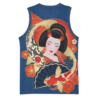 Japanese Geisha Koi Fish Basketball Jersey Cherry Blossoms Blue Seigaiha Pattern LT14 - Polynesian Pride