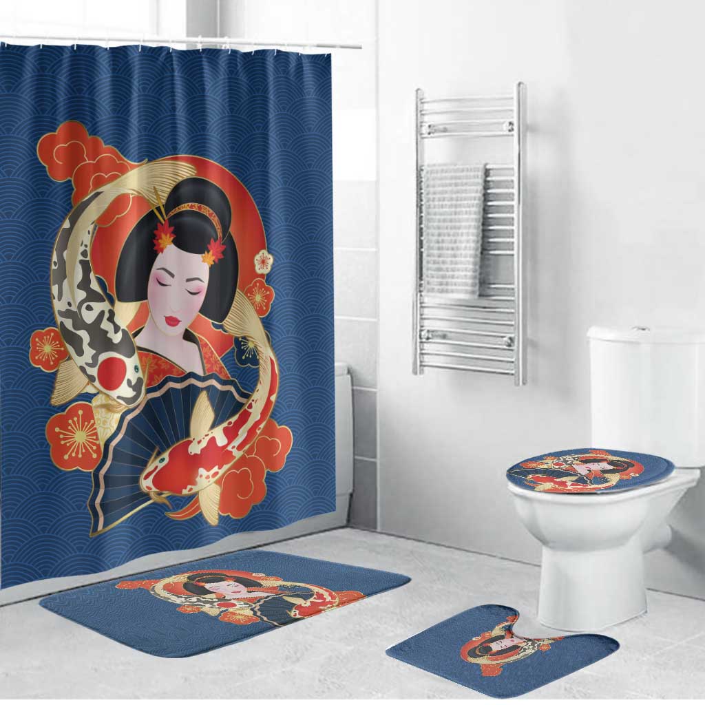 Japanese Geisha Koi Fish Bathroom Set Cherry Blossoms Blue Seigaiha Pattern LT14 Bathroom Set (4 pcs) Blue - Polynesian Pride