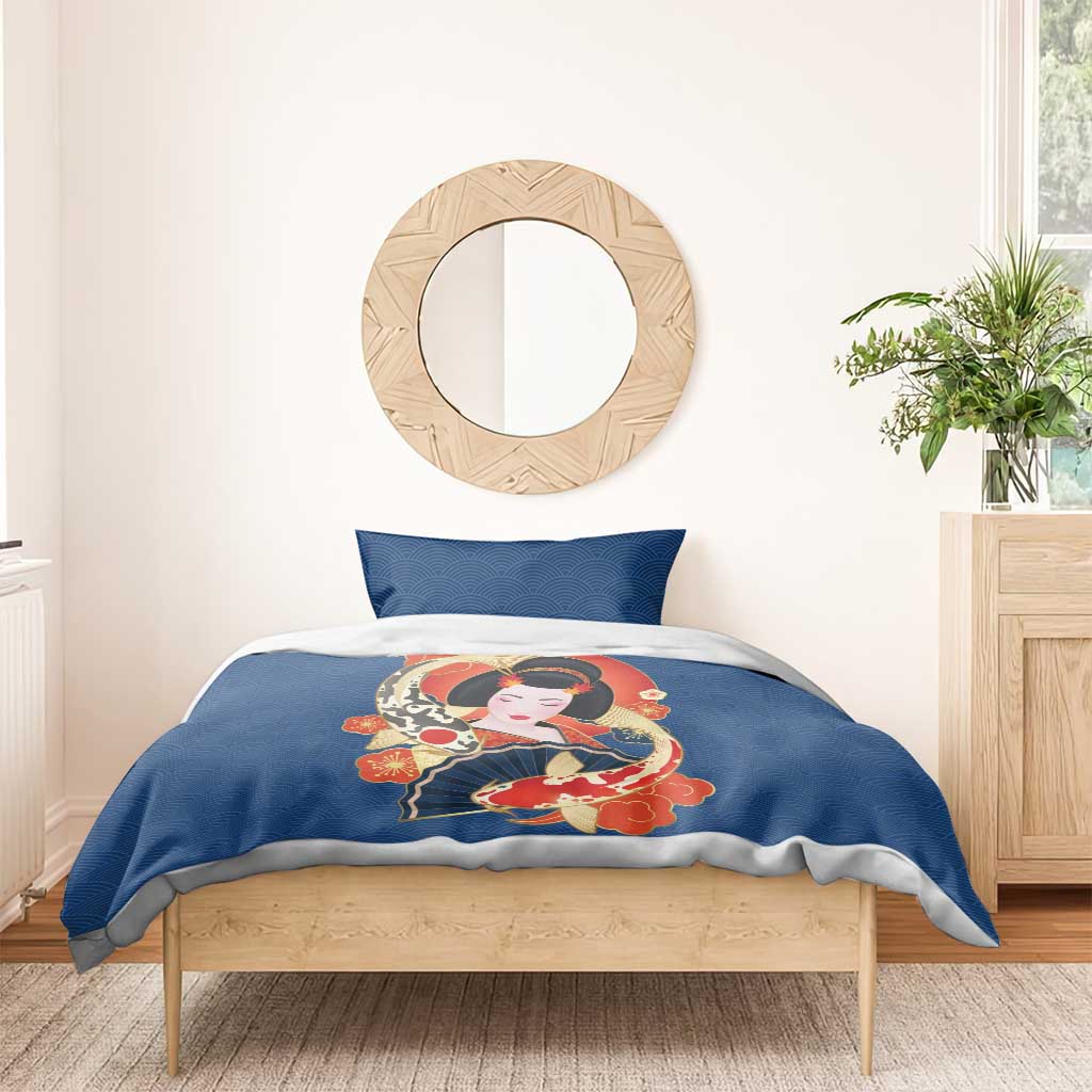 Japanese Geisha Koi Fish Bedding Set Cherry Blossoms Blue Seigaiha Pattern - Polynesian Pride