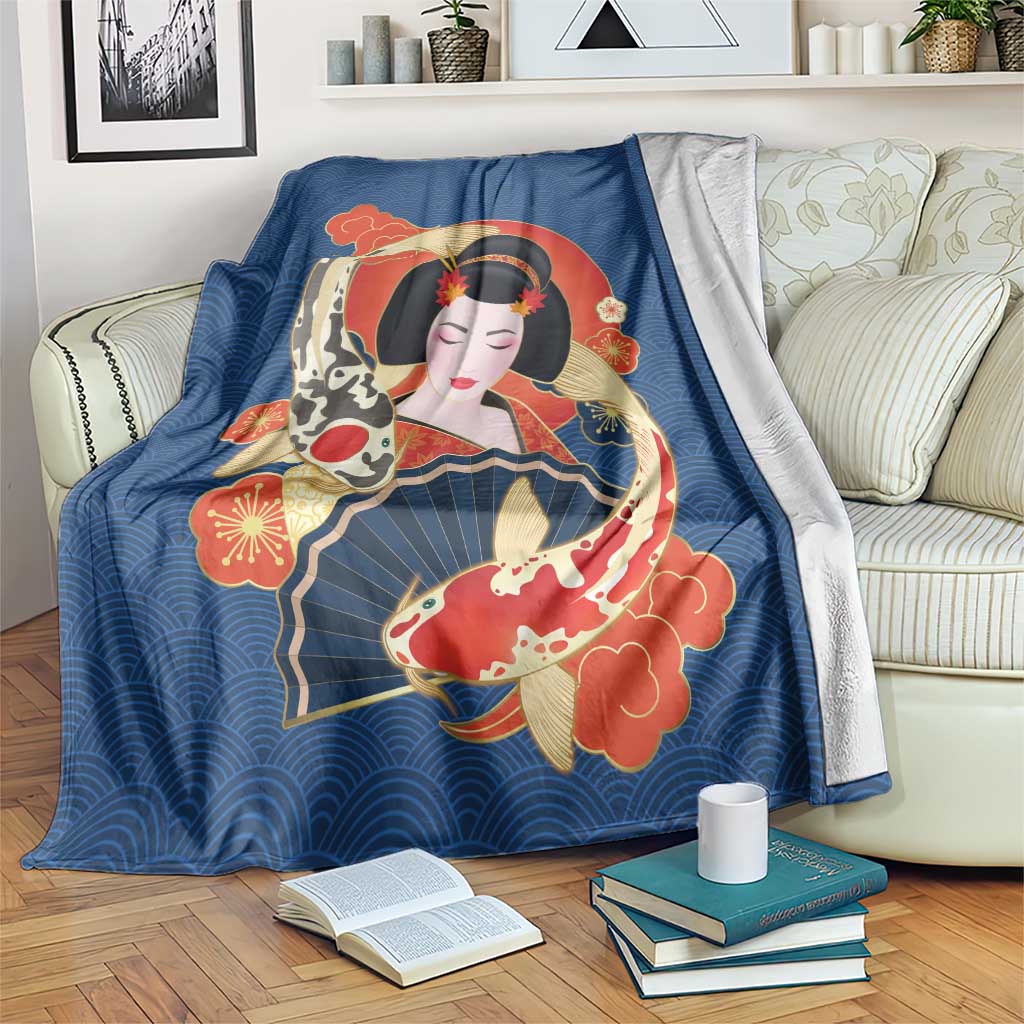 Japanese Geisha Koi Fish Blanket Cherry Blossoms Blue Seigaiha Pattern - Polynesian Pride