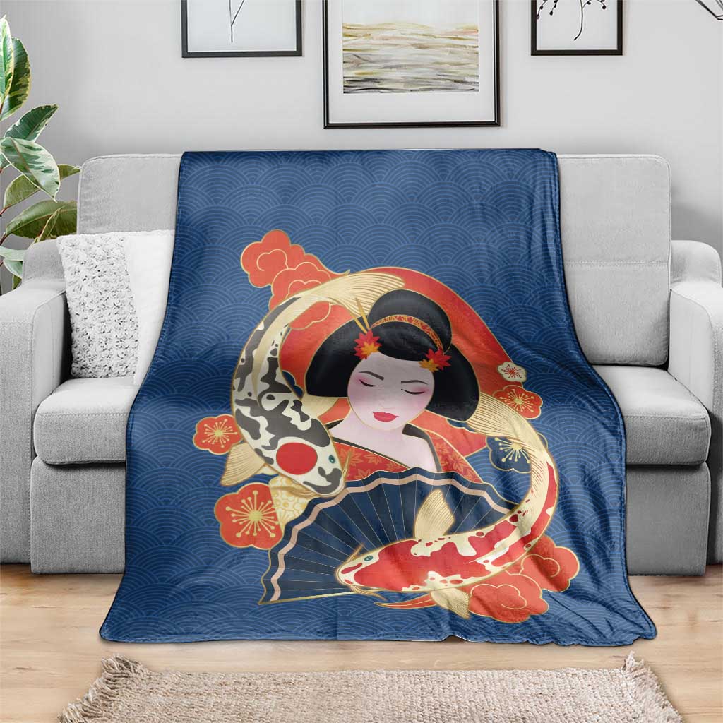 Japanese Geisha Koi Fish Blanket Cherry Blossoms Blue Seigaiha Pattern - Polynesian Pride