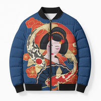 Japanese Geisha Koi Fish Bomber Puffer Jacket Cherry Blossoms Blue Seigaiha Pattern - Polynesian Pride