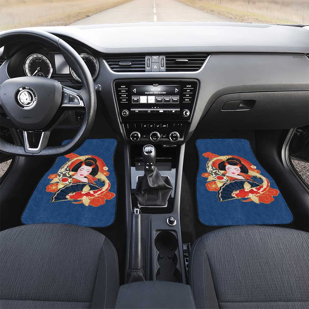 Japanese Geisha Koi Fish Car Mats Cherry Blossoms Blue Seigaiha Pattern LT14 Set 2pcs - Front Blue - Polynesian Pride