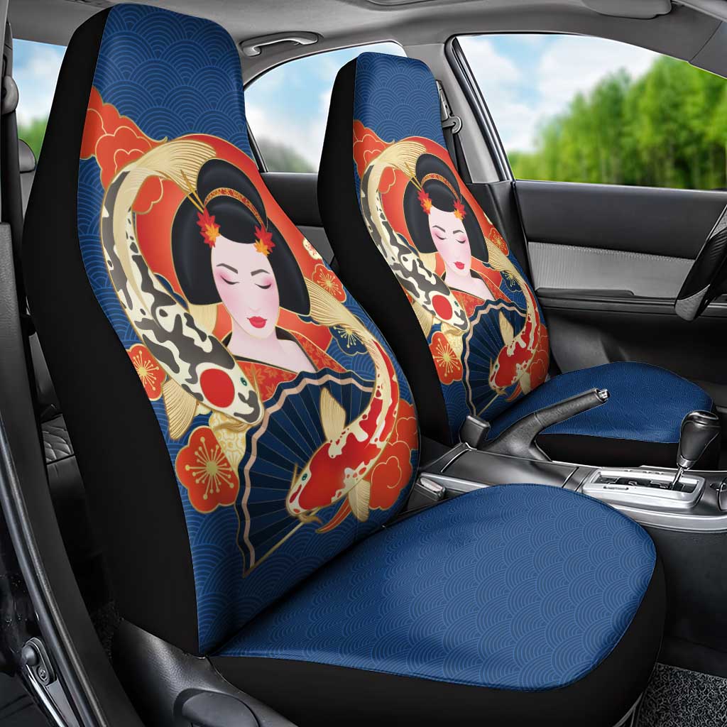 Japanese Geisha Koi Fish Car Seat Cover Cherry Blossoms Blue Seigaiha Pattern - Polynesian Pride