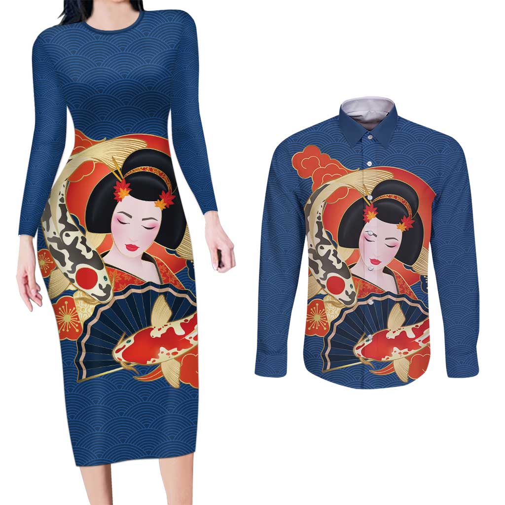 Japanese Geisha Koi Fish Couples Matching Long Sleeve Bodycon Dress and Long Sleeve Button Shirt Cherry Blossoms Blue Seigaiha Pattern LT14 Blue - Polynesian Pride