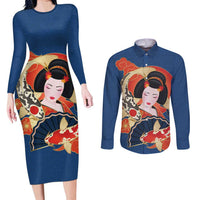 Japanese Geisha Koi Fish Couples Matching Long Sleeve Bodycon Dress and Long Sleeve Button Shirt Cherry Blossoms Blue Seigaiha Pattern LT14 Blue - Polynesian Pride