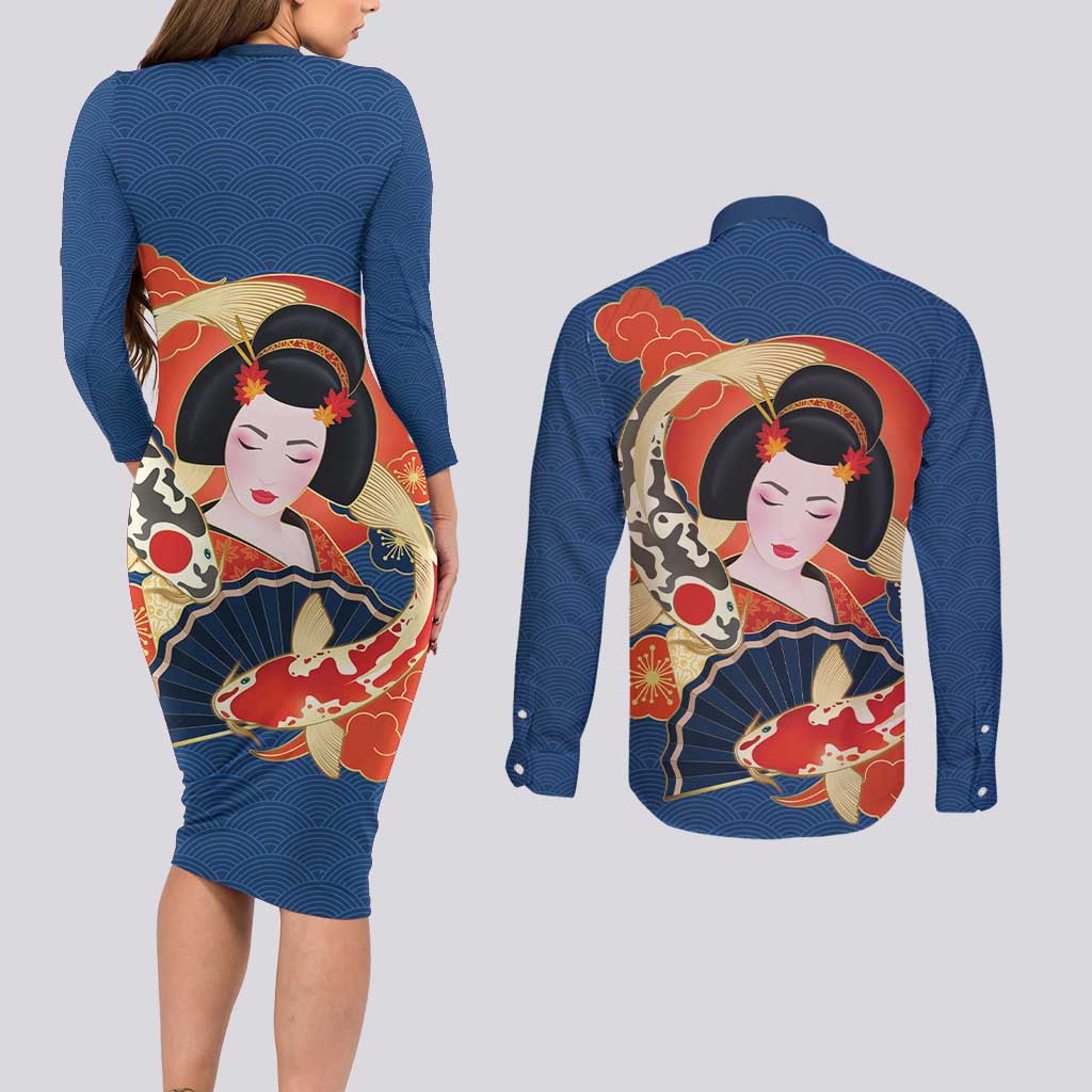 Japanese Geisha Koi Fish Couples Matching Long Sleeve Bodycon Dress and Long Sleeve Button Shirt Cherry Blossoms Blue Seigaiha Pattern LT14 - Polynesian Pride
