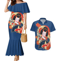 Japanese Geisha Koi Fish Couples Matching Mermaid Dress and Hawaiian Shirt Cherry Blossoms Blue Seigaiha Pattern LT14 Blue - Polynesian Pride