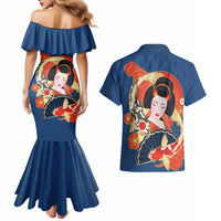 Japanese Geisha Koi Fish Couples Matching Mermaid Dress and Hawaiian Shirt Cherry Blossoms Blue Seigaiha Pattern LT14 - Polynesian Pride