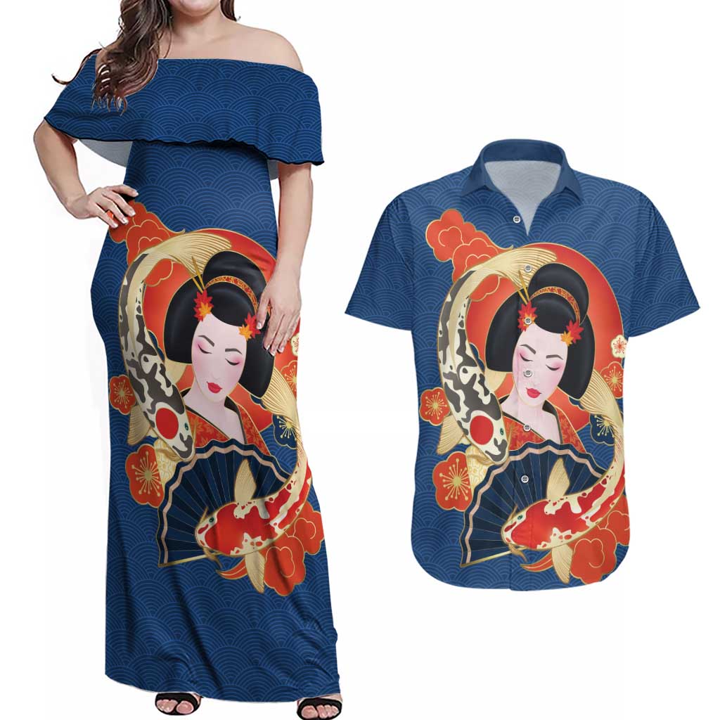 Japanese Geisha Koi Fish Couples Matching Off Shoulder Maxi Dress and Hawaiian Shirt Cherry Blossoms Blue Seigaiha Pattern LT14 Blue - Polynesian Pride