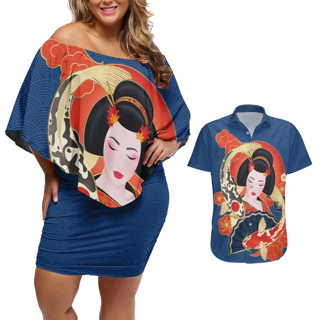 Japanese Geisha Koi Fish Couples Matching Off Shoulder Short Dress and Hawaiian Shirt Cherry Blossoms Blue Seigaiha Pattern LT14 Blue - Polynesian Pride