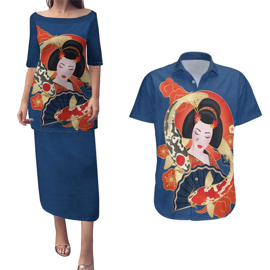 Japanese Geisha Koi Fish Couples Matching Puletasi and Hawaiian Shirt Cherry Blossoms Blue Seigaiha Pattern LT14 Blue - Polynesian Pride