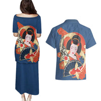 Japanese Geisha Koi Fish Couples Matching Puletasi and Hawaiian Shirt Cherry Blossoms Blue Seigaiha Pattern - Polynesian Pride