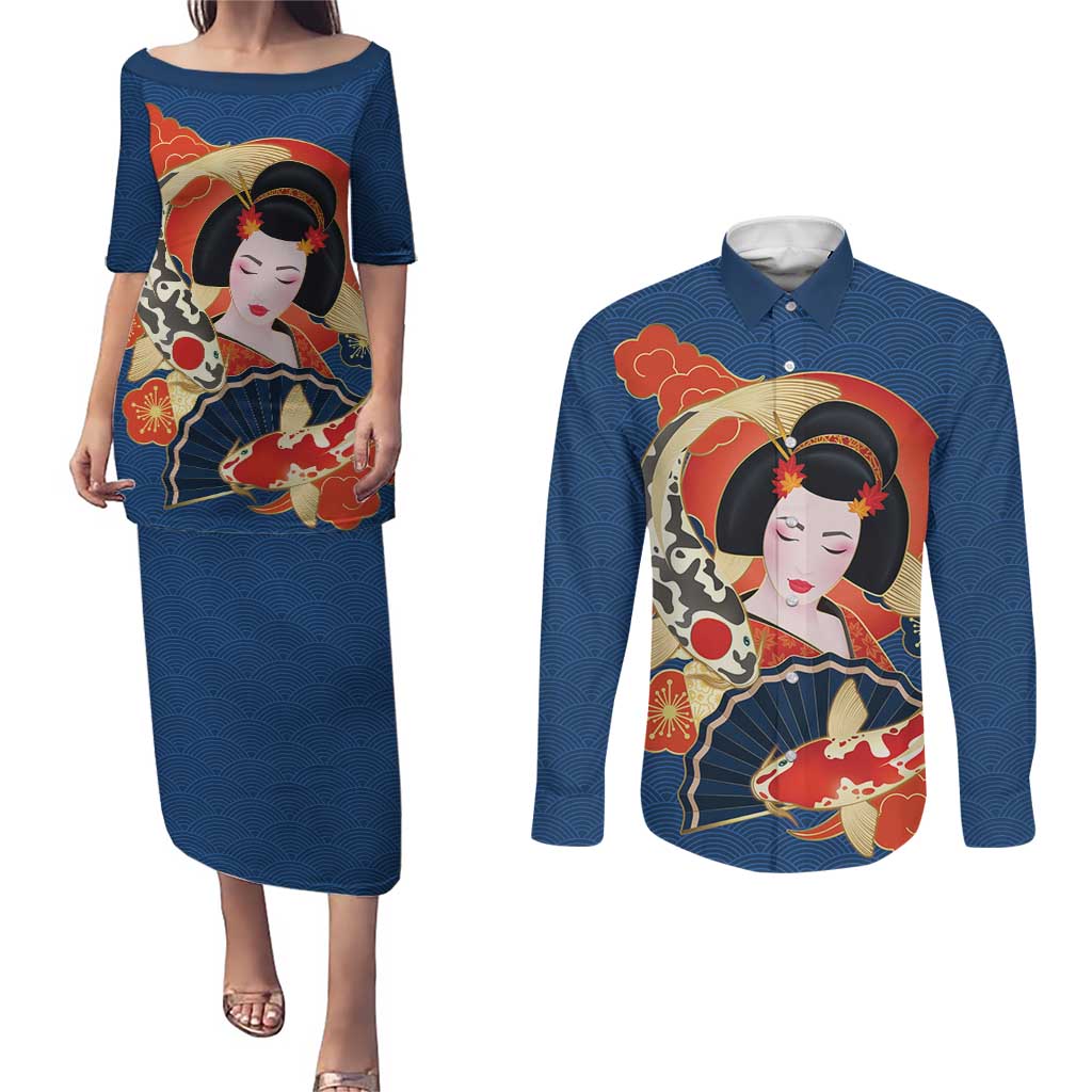 Japanese Geisha Koi Fish Couples Matching Puletasi and Long Sleeve Button Shirt Cherry Blossoms Blue Seigaiha Pattern LT14 Blue - Polynesian Pride