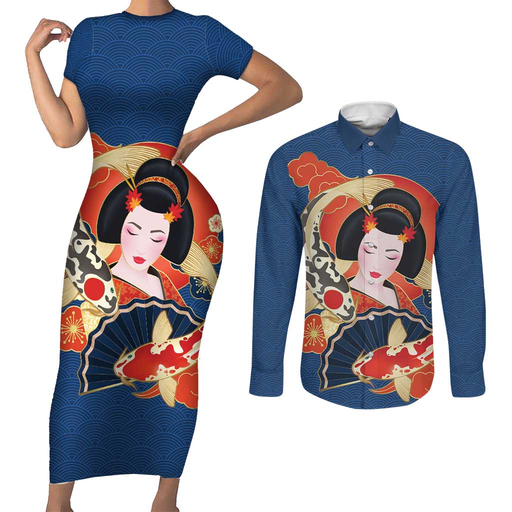 Japanese Geisha Koi Fish Couples Matching Short Sleeve Bodycon Dress and Long Sleeve Button Shirt Cherry Blossoms Blue Seigaiha Pattern LT14 Blue - Polynesian Pride