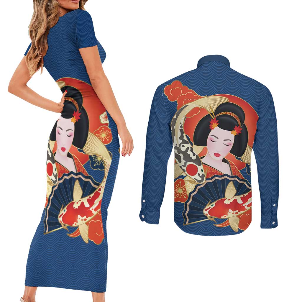 Japanese Geisha Koi Fish Couples Matching Short Sleeve Bodycon Dress and Long Sleeve Button Shirt Cherry Blossoms Blue Seigaiha Pattern LT14 - Polynesian Pride
