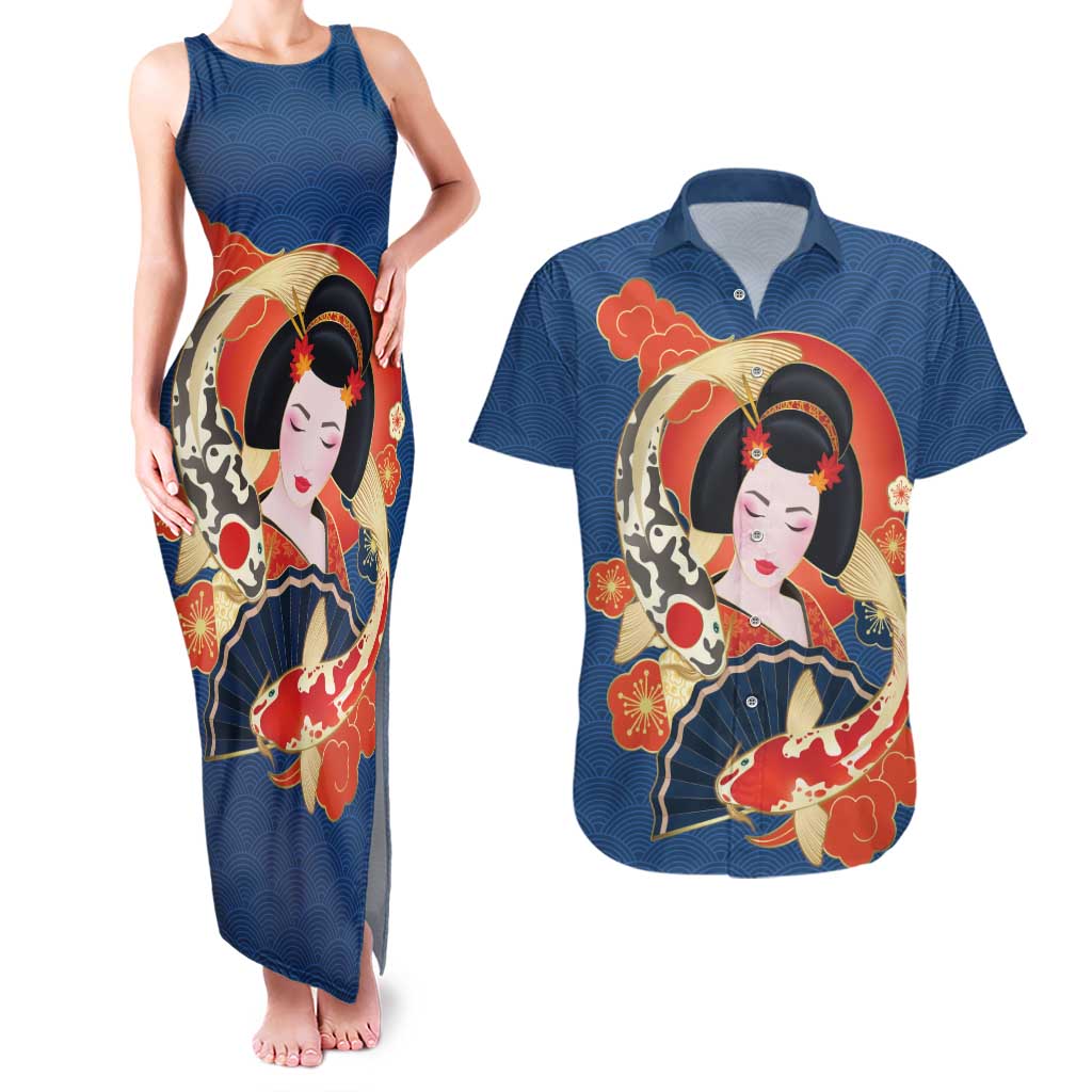 Japanese Geisha Koi Fish Couples Matching Tank Maxi Dress and Hawaiian Shirt Cherry Blossoms Blue Seigaiha Pattern LT14 Blue - Polynesian Pride