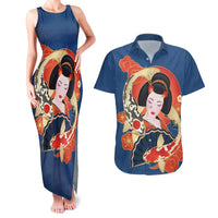 Japanese Geisha Koi Fish Couples Matching Tank Maxi Dress and Hawaiian Shirt Cherry Blossoms Blue Seigaiha Pattern LT14 Blue - Polynesian Pride