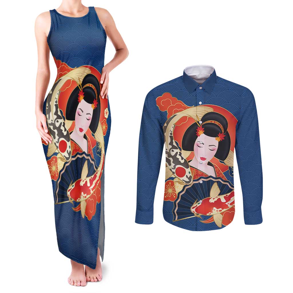 Japanese Geisha Koi Fish Couples Matching Tank Maxi Dress and Long Sleeve Button Shirt Cherry Blossoms Blue Seigaiha Pattern LT14 Blue - Polynesian Pride