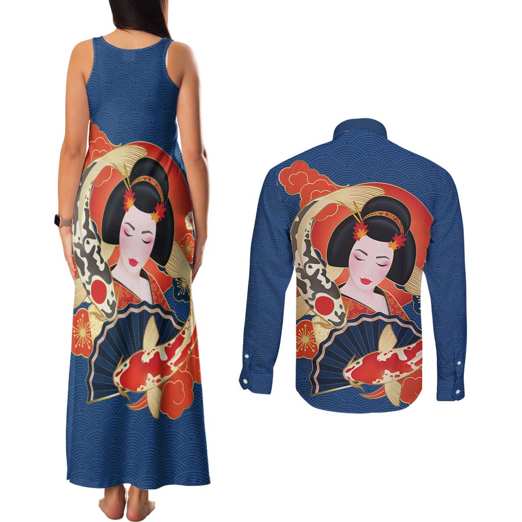 Japanese Geisha Koi Fish Couples Matching Tank Maxi Dress and Long Sleeve Button Shirt Cherry Blossoms Blue Seigaiha Pattern - Polynesian Pride