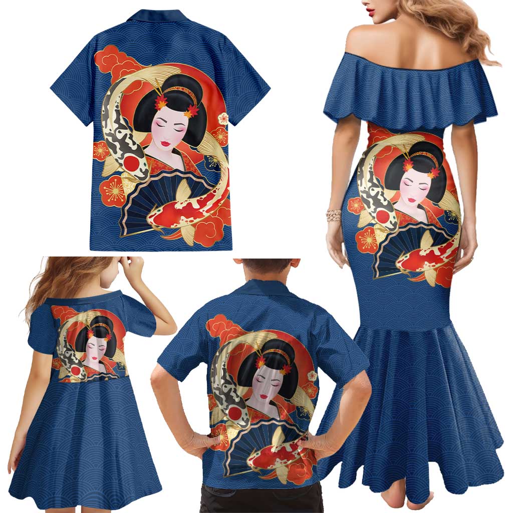 Japanese Geisha Koi Fish Family Matching Mermaid Dress and Hawaiian Shirt Cherry Blossoms Blue Seigaiha Pattern - Polynesian Pride