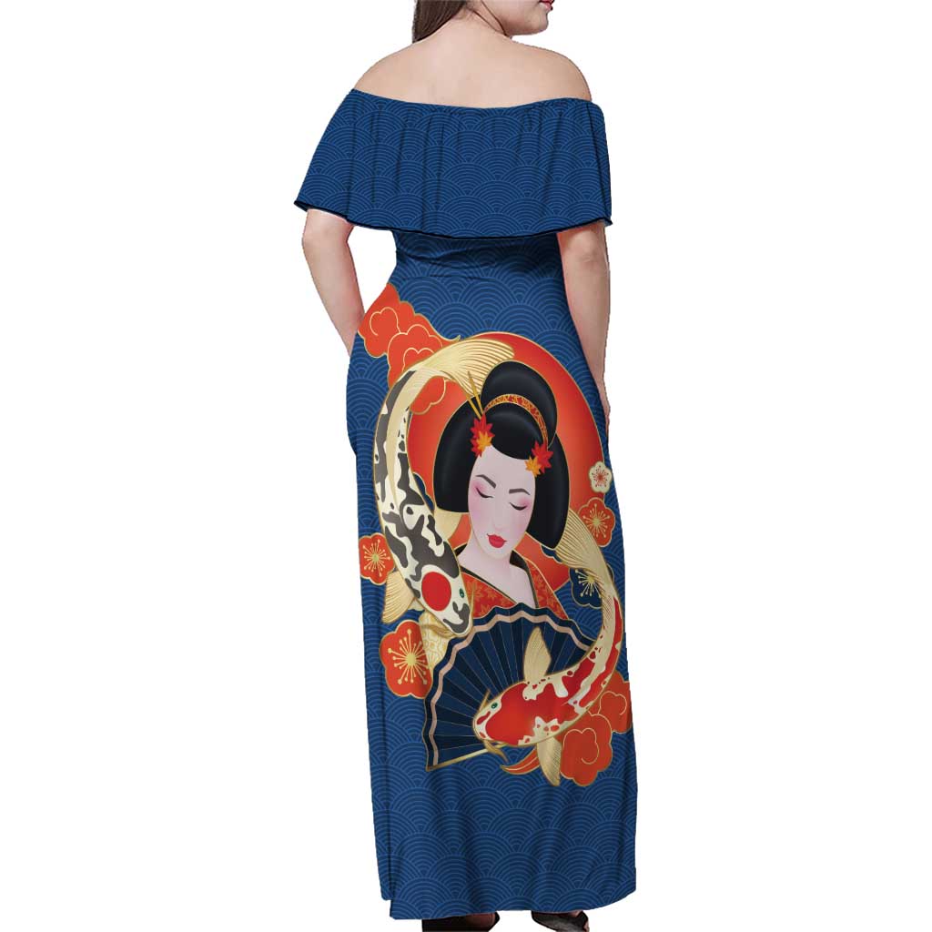 Japanese Geisha Koi Fish Family Matching Off Shoulder Maxi Dress and Hawaiian Shirt Cherry Blossoms Blue Seigaiha Pattern - Polynesian Pride