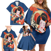Japanese Geisha Koi Fish Family Matching Off Shoulder Short Dress and Hawaiian Shirt Cherry Blossoms Blue Seigaiha Pattern - Polynesian Pride