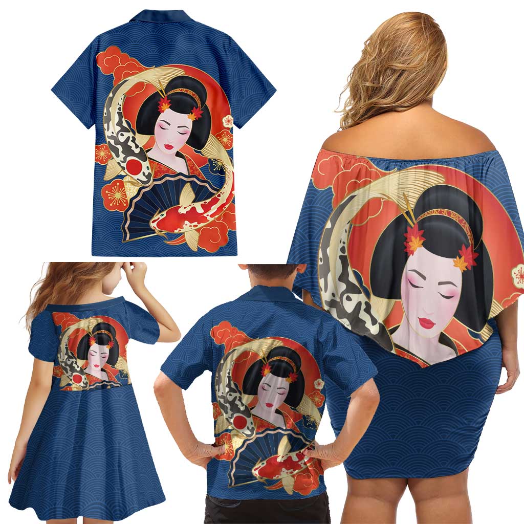 Japanese Geisha Koi Fish Family Matching Off Shoulder Short Dress and Hawaiian Shirt Cherry Blossoms Blue Seigaiha Pattern - Polynesian Pride