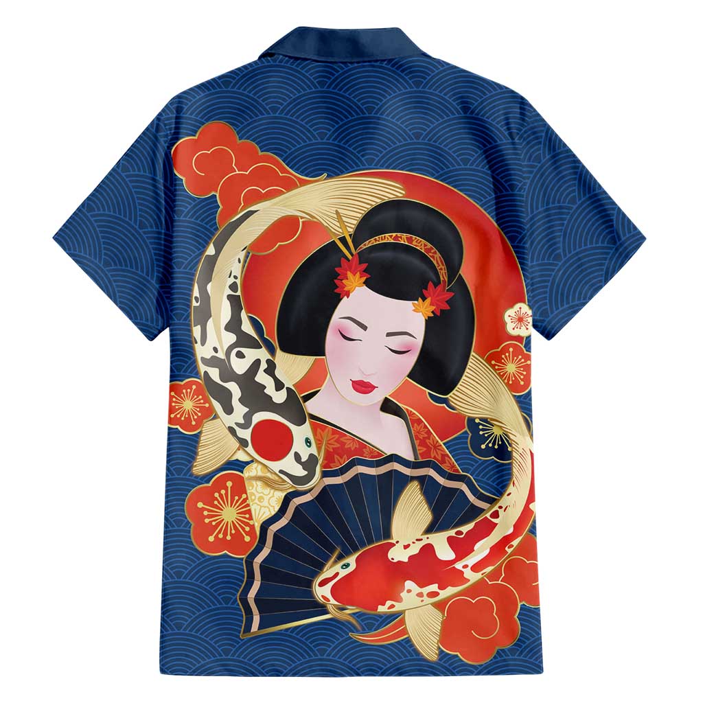 Japanese Geisha Koi Fish Family Matching Off Shoulder Short Dress and Hawaiian Shirt Cherry Blossoms Blue Seigaiha Pattern - Polynesian Pride