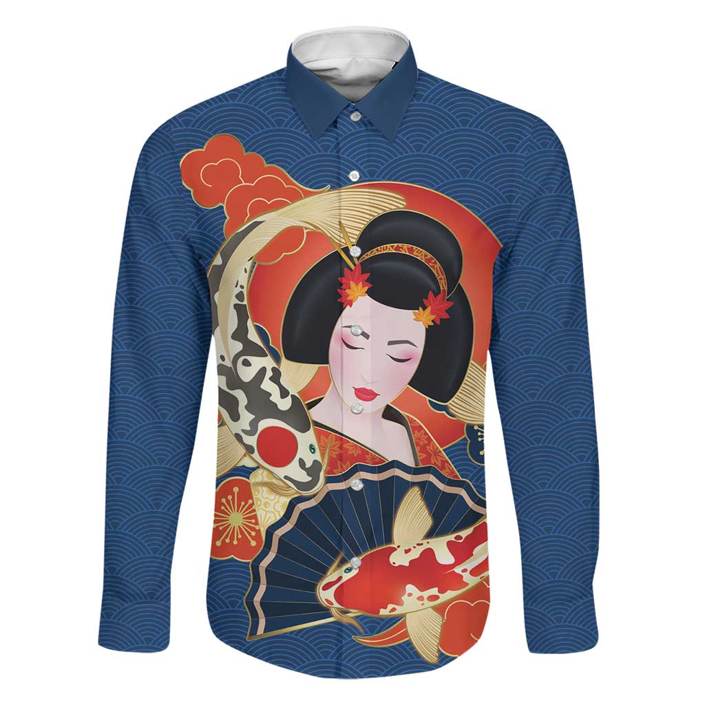 Japanese Geisha Koi Fish Family Matching Off Shoulder Short Dress and Hawaiian Shirt Cherry Blossoms Blue Seigaiha Pattern - Polynesian Pride