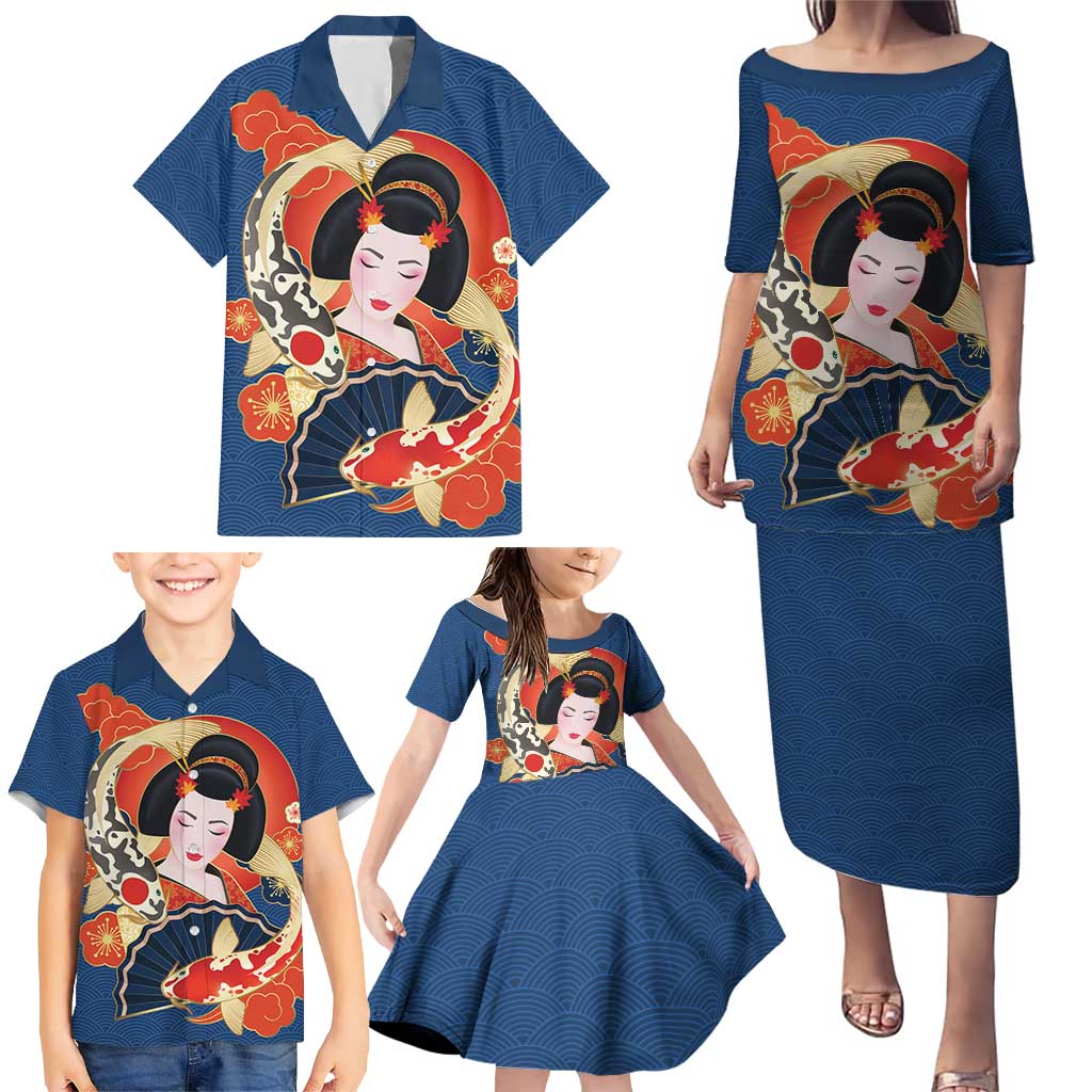 Japanese Geisha Koi Fish Family Matching Puletasi and Hawaiian Shirt Cherry Blossoms Blue Seigaiha Pattern LT14 - Polynesian Pride