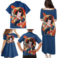Japanese Geisha Koi Fish Family Matching Puletasi and Hawaiian Shirt Cherry Blossoms Blue Seigaiha Pattern - Polynesian Pride