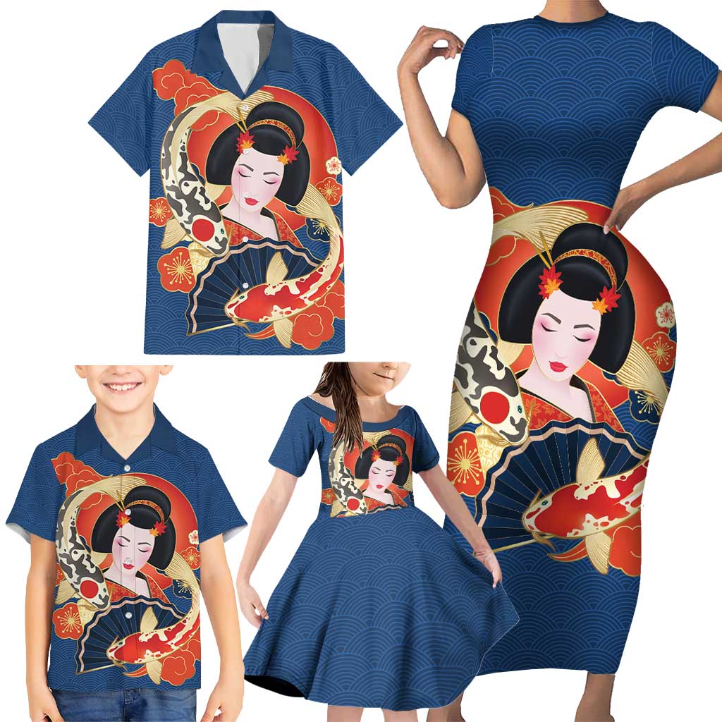 Japanese Geisha Koi Fish Family Matching Short Sleeve Bodycon Dress and Hawaiian Shirt Cherry Blossoms Blue Seigaiha Pattern - Polynesian Pride