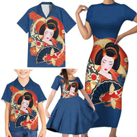 Japanese Geisha Koi Fish Family Matching Short Sleeve Bodycon Dress and Hawaiian Shirt Cherry Blossoms Blue Seigaiha Pattern - Polynesian Pride