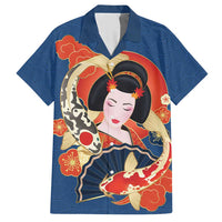 Japanese Geisha Koi Fish Hawaiian Shirt Cherry Blossoms Blue Seigaiha Pattern LT14 Blue - Polynesian Pride