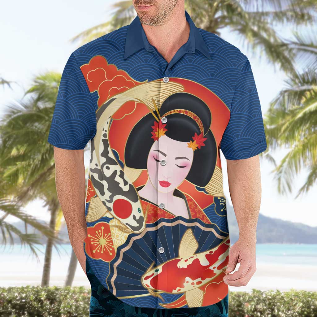 Japanese Geisha Koi Fish Hawaiian Shirt Cherry Blossoms Blue Seigaiha Pattern LT14 - Polynesian Pride
