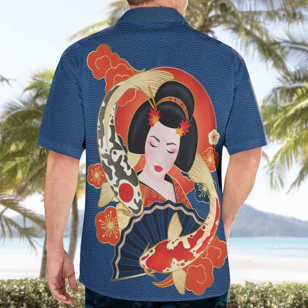 Japanese Geisha Koi Fish Hawaiian Shirt Cherry Blossoms Blue Seigaiha Pattern LT14 - Polynesian Pride