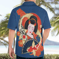 Japanese Geisha Koi Fish Hawaiian Shirt Cherry Blossoms Blue Seigaiha Pattern LT14 - Polynesian Pride