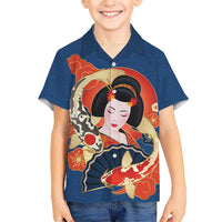 Japanese Geisha Koi Fish Hawaiian Shirt Cherry Blossoms Blue Seigaiha Pattern LT14 - Polynesian Pride