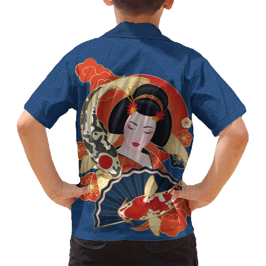 Japanese Geisha Koi Fish Hawaiian Shirt Cherry Blossoms Blue Seigaiha Pattern LT14 - Polynesian Pride